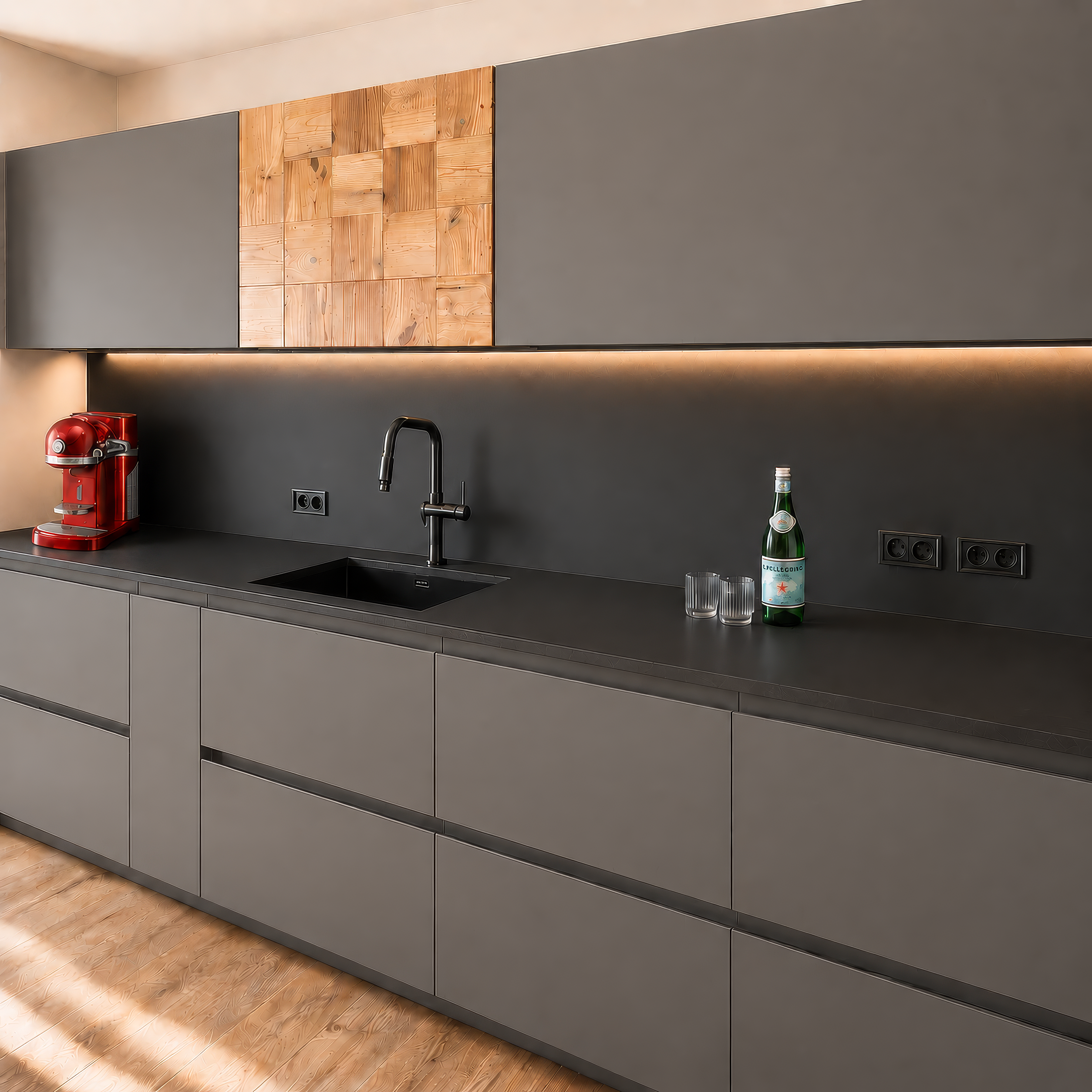 Dettaglio di cucina su misura in stile alpino contemporaneo con finiture effetto pietra, inserti in legno naturale, illuminazione LED integrata e lavello sottotop.