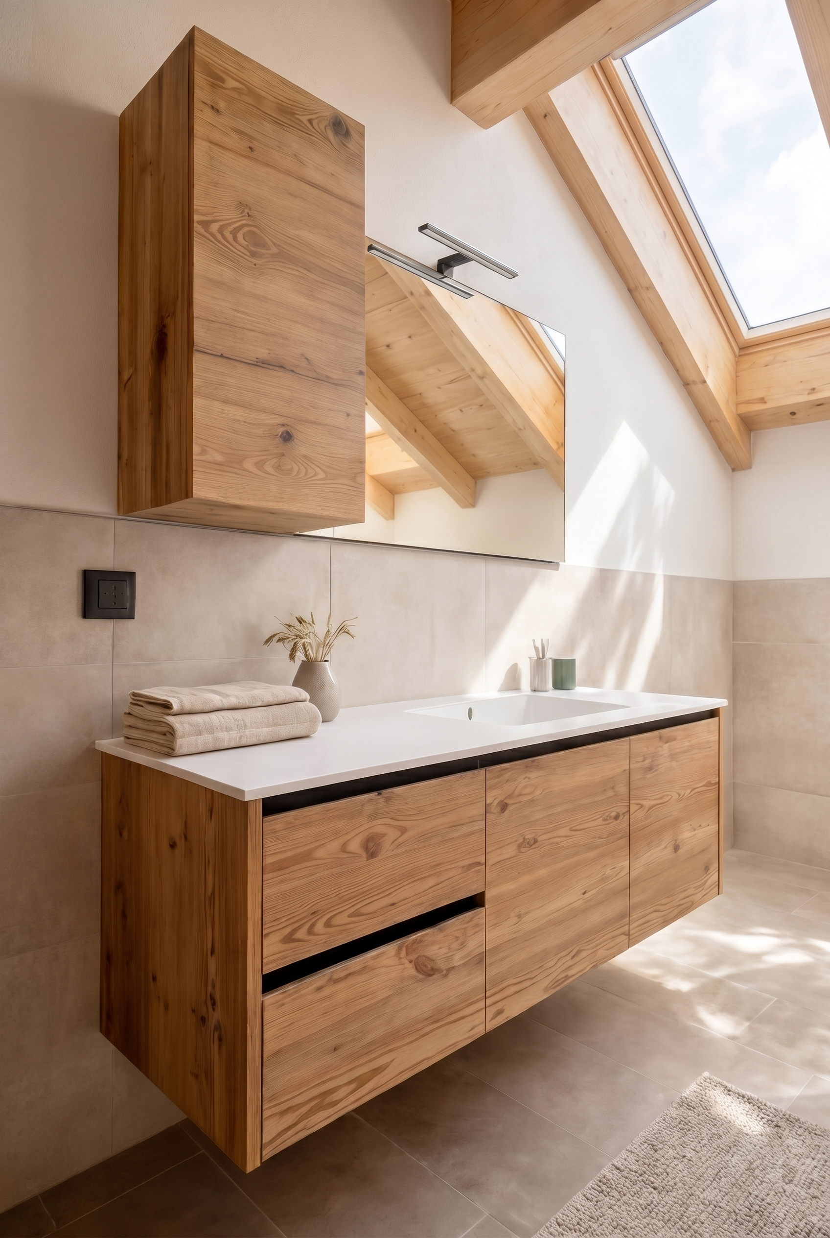 Mobile bagno sospeso in legno naturale realizzato su misura, con lavabo integrato bianco, specchio minimal e pensile coordinato. La luce proveniente dal lucernario valorizza le venature del legno e crea un ambiente bagno luminoso, elegante e accogliente in stile alpino contemporaneo.