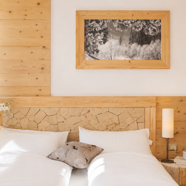Camera d'hotel in stile alpino contemporaneo con testiera artigianale in legno naturale, rivestimenti su misura e dettagli caldi realizzati da Arredamenti Depal per Hotel Plaza.