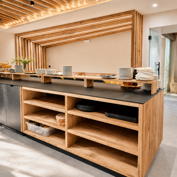 Area buffet dell'Hotel Olimpionico con bancone su misura in legno, illuminazione LED integrata e rivestimenti architettonici contemporanei realizzati da Arredamenti Depal.