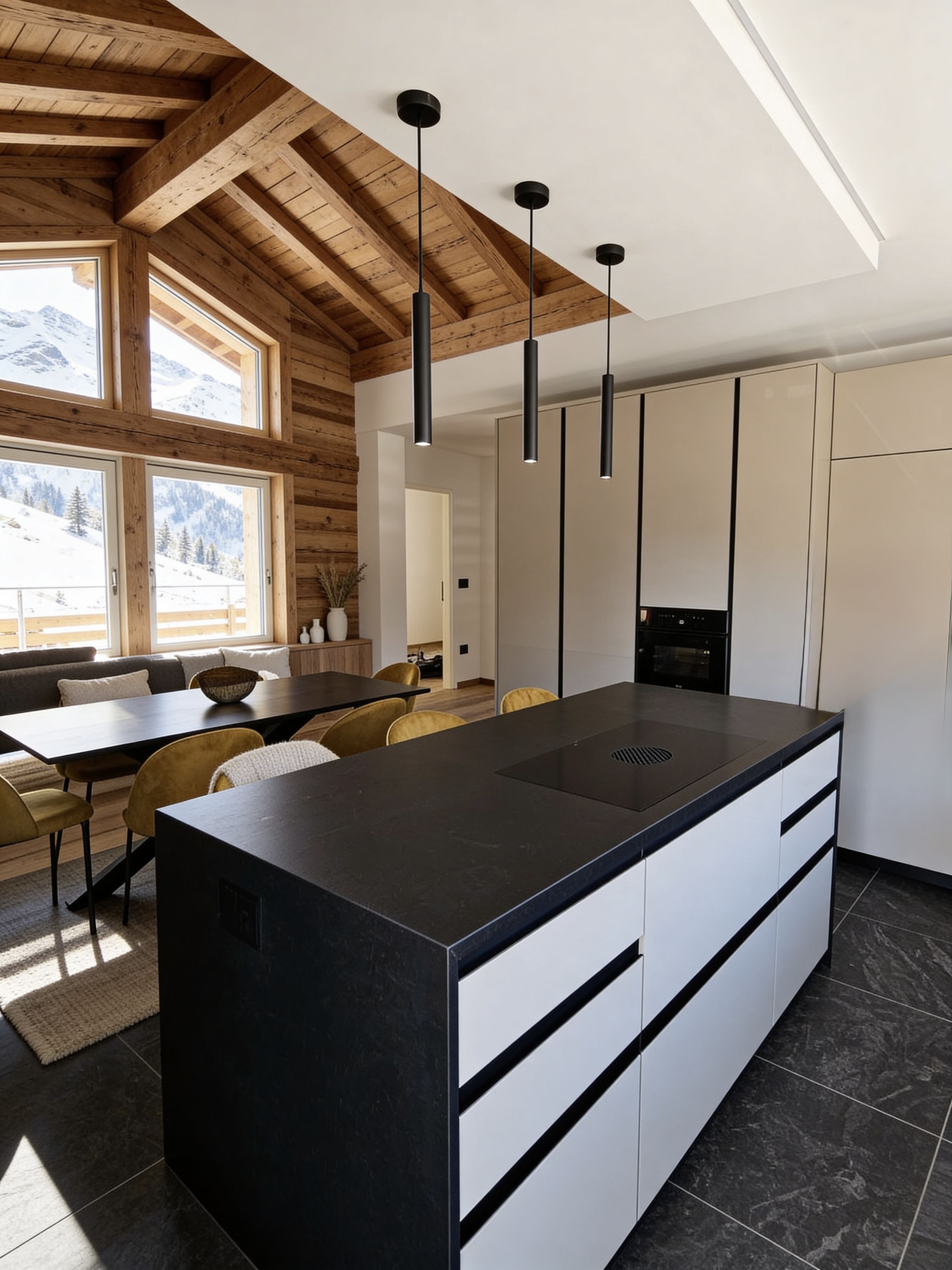 Cucina moderna su misura per chalet di montagna con grande isola centrale in finitura nera e bianca, colonne attrezzate a tutta altezza e soffitto in legno a vista. Le ampie vetrate incorniciano il panorama alpino innevato, mentre il design essenziale crea un raffinato equilibrio tra tradizione e contemporaneità.