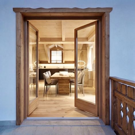 Vista dall’esterno verso l’interno di uno chalet di montagna contemporaneo. Le ampie porte finestre in legno aperte conducono a una zona pranzo e cucina su misura caratterizzata da materiali naturali, travi a vista e illuminazione calda che crea un’atmosfera accogliente.