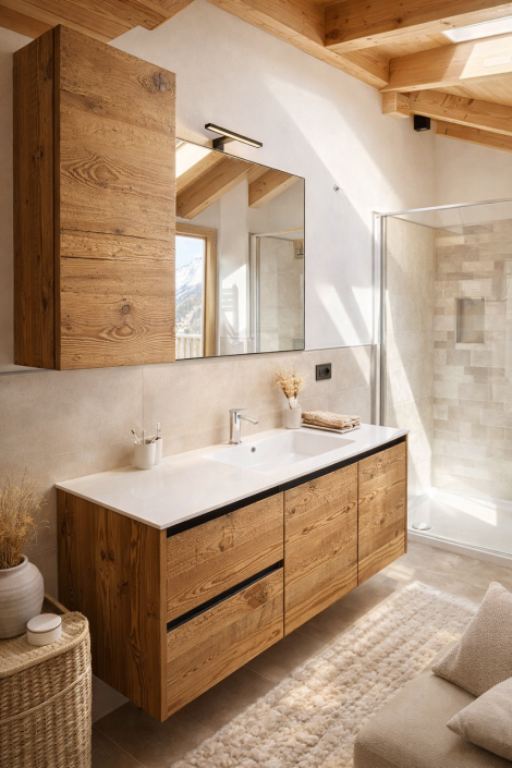 Bagno su misura in legno antico con mobile lavabo sospeso, ampio specchio e doccia walk-in. Le travi a vista, le tonalità naturali e la luce che entra dalle finestre creano un'atmosfera calda, luminosa e accogliente tipica delle case di montagna contemporanee.
