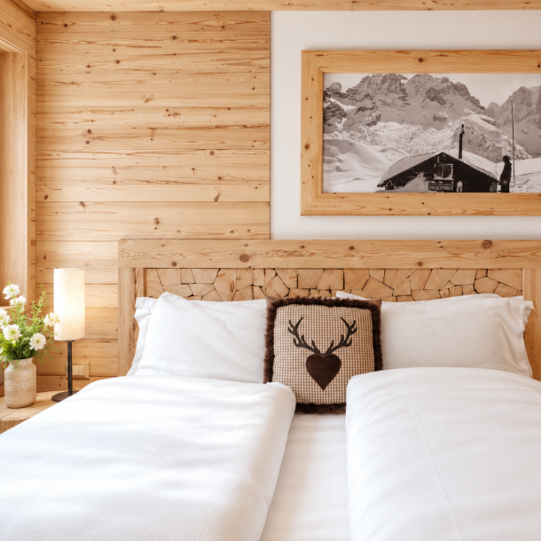 Camera dell'Hotel Plaza con letto matrimoniale, testiera in legno di testa lavorato artigianalmente, rivestimenti in abete naturale e dettagli decorativi ispirati alla montagna.