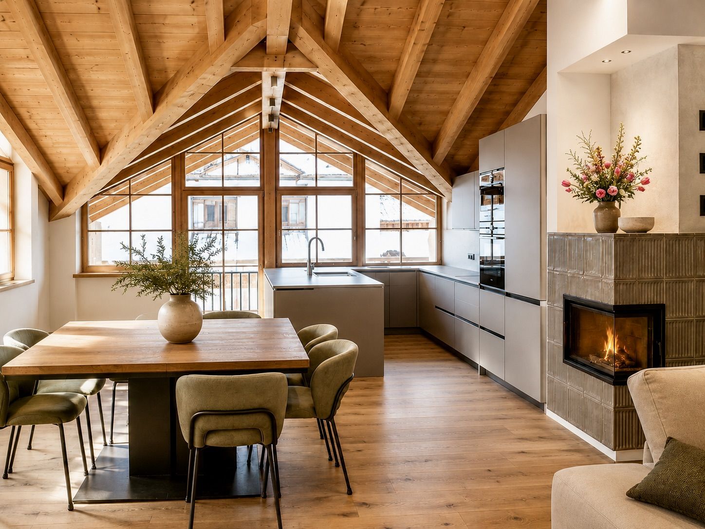 cucina e sala da pranzo su misura in mansarda alpina con travi in legno a vista, camino e ampie vetrate