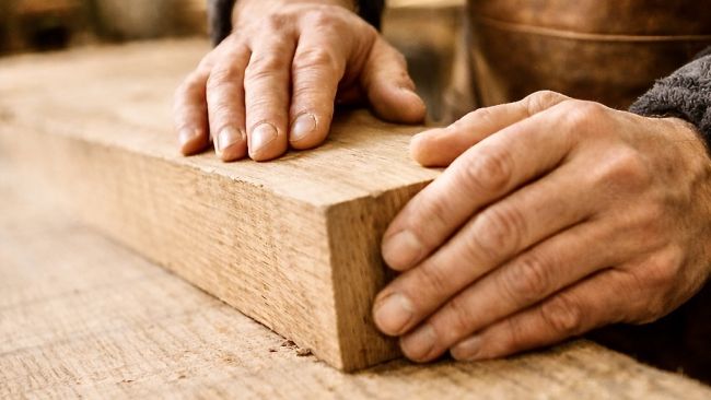 Mani di un artigiano mentre seleziona e lavora un elemento in legno massello nella falegnameria Arredamenti Depal.