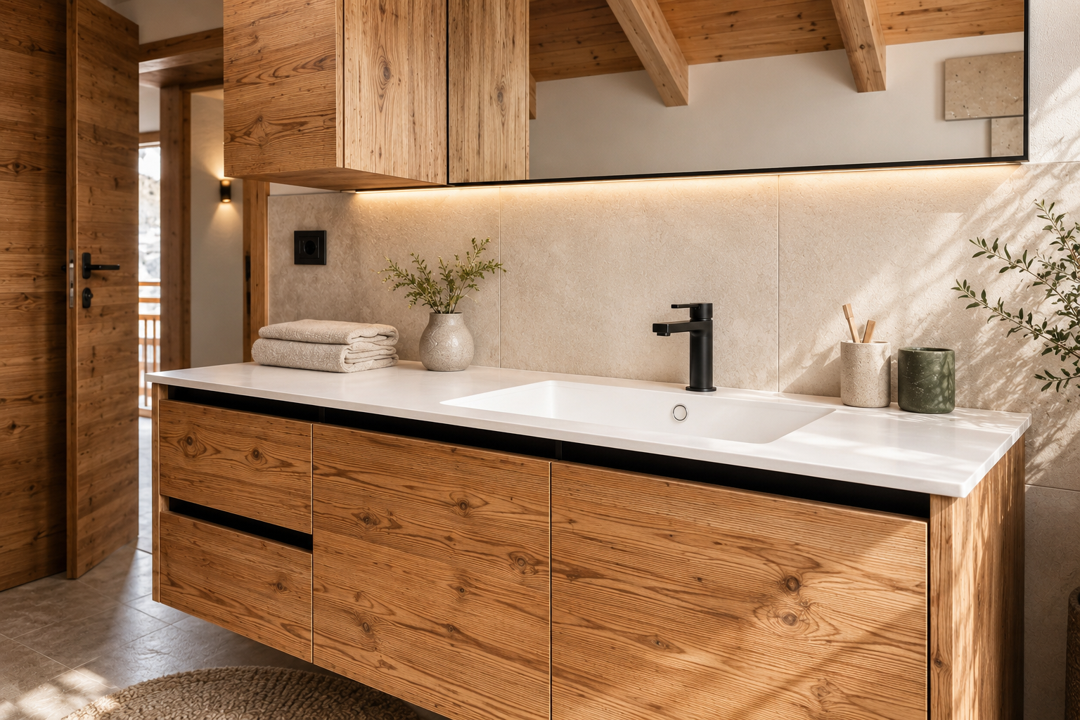 Vista dall’esterno verso l’interno di uno chalet di montagna contemporaneo. Le ampie porte finestre in legno aperte conducono a una zona pranzo e cucina su misura caratterizzata da materiali naturali, travi a vista e illuminazione calda che crea un’atmosfera accogliente.